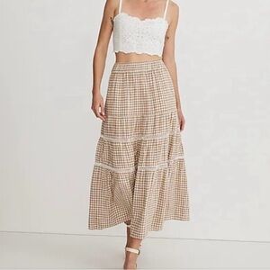 Madewell linen-blend eyelet-trim tiered maxi skirt - medium, gingham